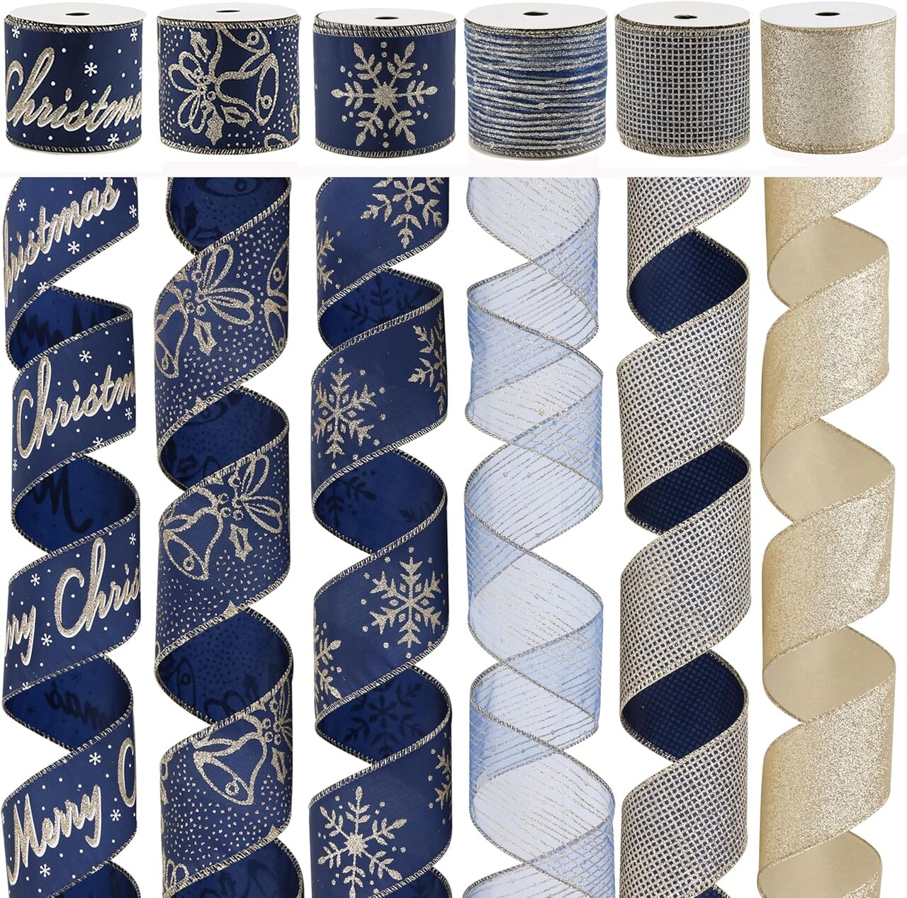 Navy Blue and Gold Christmas Tree Ribbon - 2.5 Inch Wired Ribbon, 6 Rolls for Wreaths, Bows, Decorations